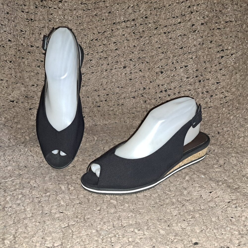 BRUNATE-Bungalow-Fabric Slingback Cork Wedge-Peep Toe-Sz 38.5-Near Mint